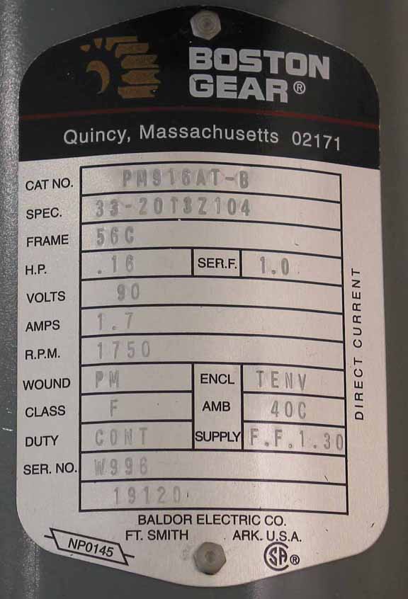 Baldor PM916AT-P / 33-2013Z104 DC Motor (made for Boston Gear)