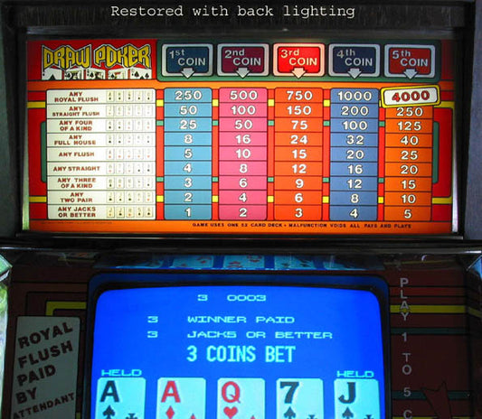 Bally GC 446 324 V1000 / V2000 Video Draw Poker Machine Top Glass V-1337-1