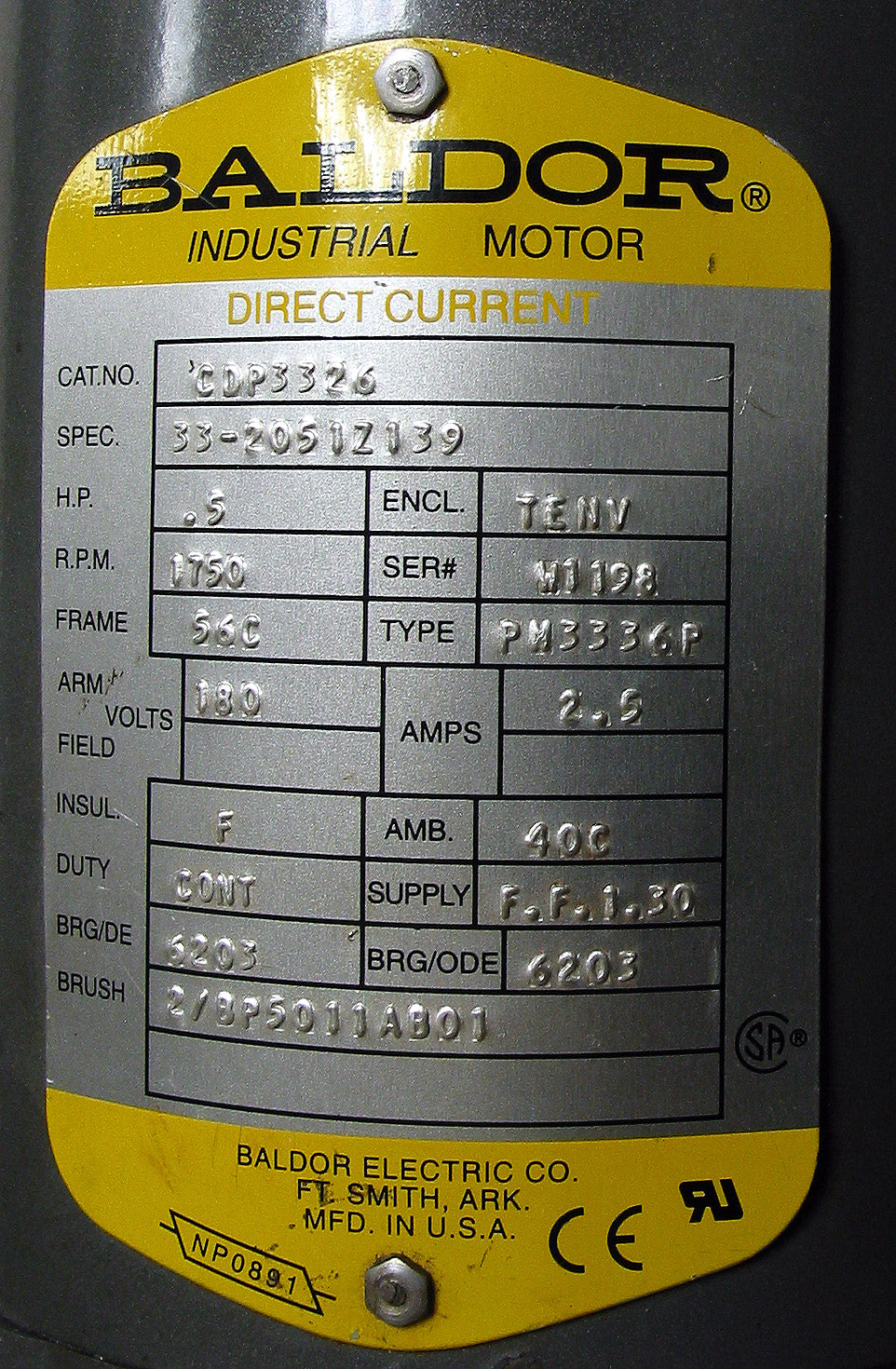 Baldor CDP3326 DC Motor .5 HP 1750 RPM