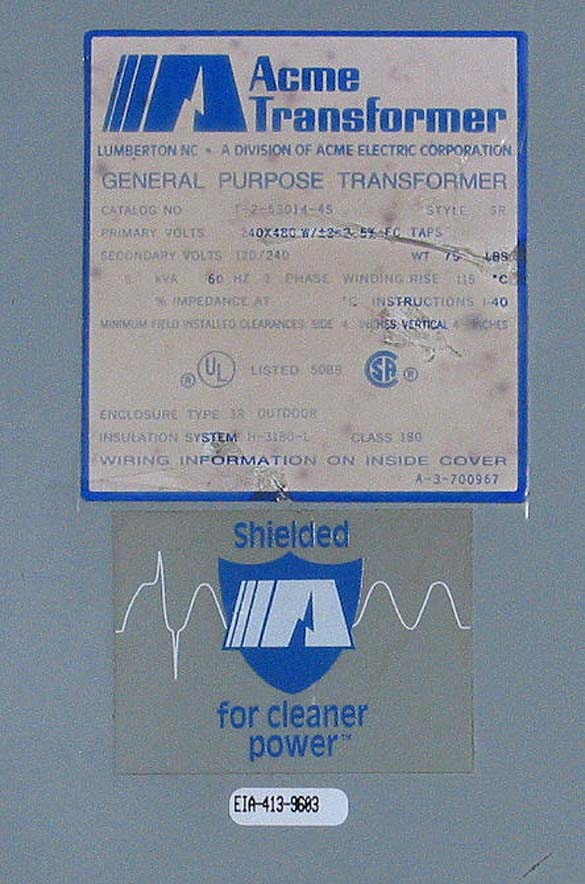 ACME T-2-53014-S Transformer 240 / 480 to 120 / 240 Volts 5 KVA 1 Phase