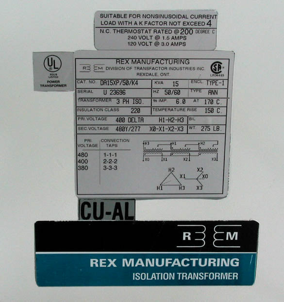 REX Manufacturing DA15XP/50/K4 Transformer Isolation 380 / 400 / 480 to 480 / 277 Volts 15 KVA 3 Phase