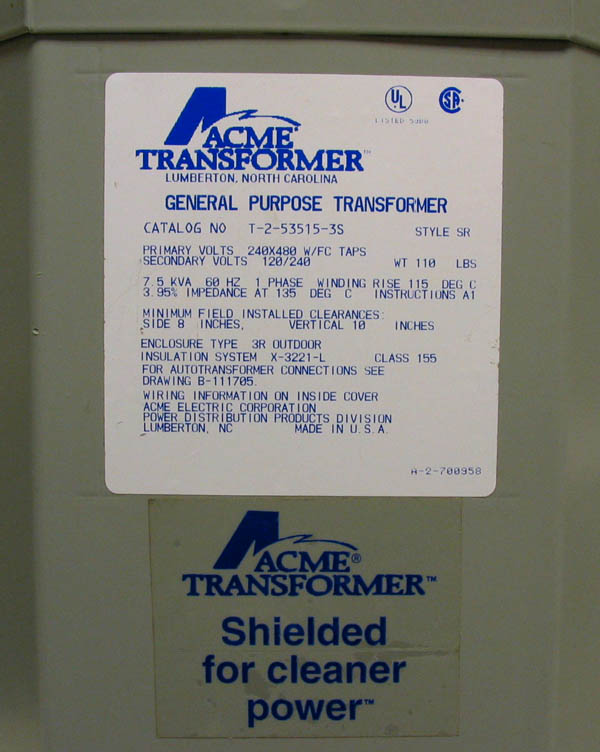 ACME T-2-53515-3S Transformer 7.5 KVA 240/480 - 120/240 1 Phase