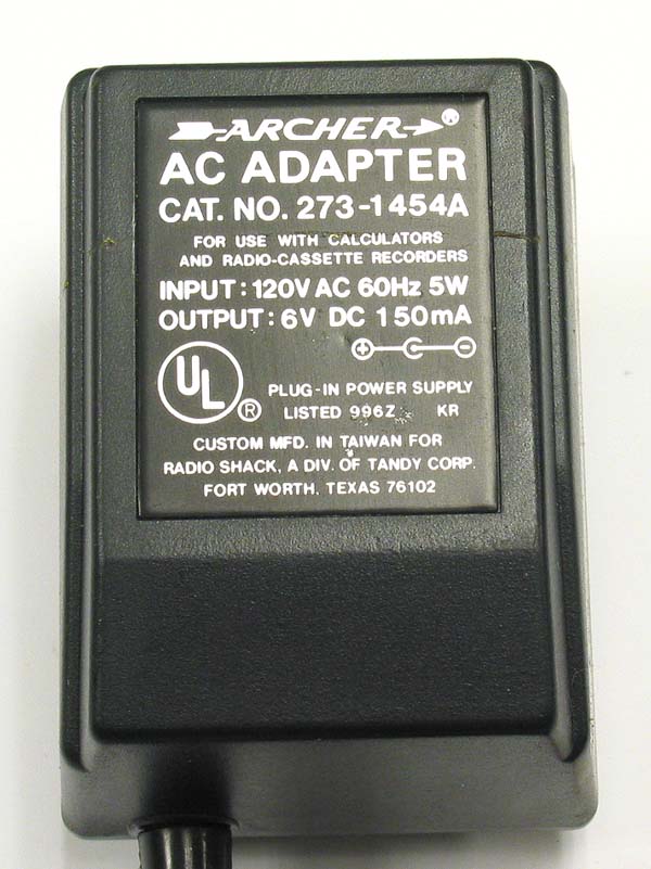 Archer 273-1454A AC Power Adapter 6VDC 150mA