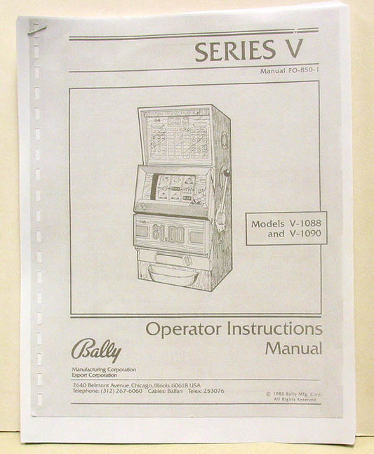 Bally FO-850-1 Video Slot Machine Manual V-1088 and V-1090