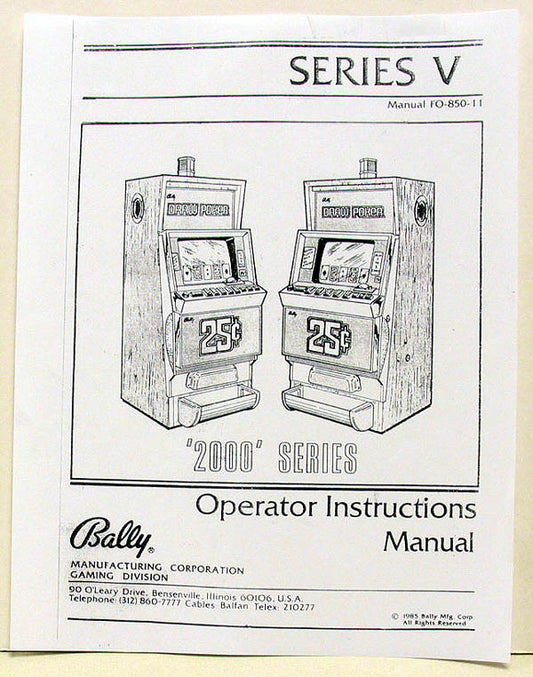 Bally FO-850-11 Video Poker V-2000 Series Manual