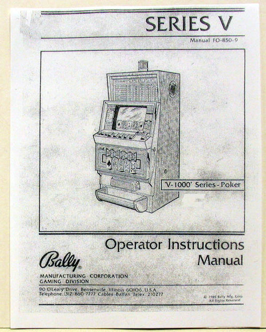 Bally FO-850-9 Video Poker V-1000 Series Manual